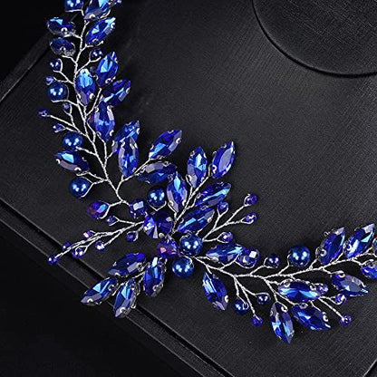 JWICOS Crystal Wedding Headband for Brides Pearl Wedding Hair Accessories Bridal Hair Piece Hair Vine for Women and Girls (Blue) - color: Blue