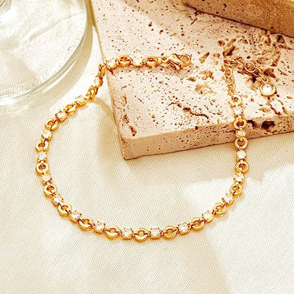 Gold Chain Bracelet for Women, 14K Gold Plated | Dainty Bracelets with Adjustable Chain, Trendy Jewelry Gift for Women - style: white round cz