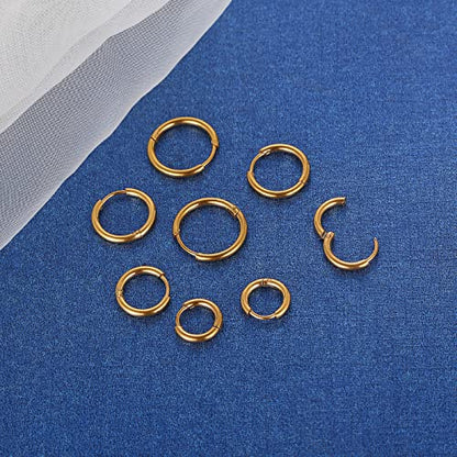 316L Surgical Stainless Steel Small Hoop Earrings 8mm 10mm 12mm 14mm Hypoallergenic Huggie Hoop Earrings Helix Lobes Hinged Sleeper Earrings Cartilage Piercings - color: F: Gold (Diameter 8mm/10mm/12mm/14mm),4 Pairs