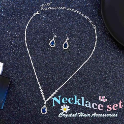 JAKAWIN Silver Rhinestone Jewelry Set Wedding Necklace Earrings for Women - color: H Dark Blue