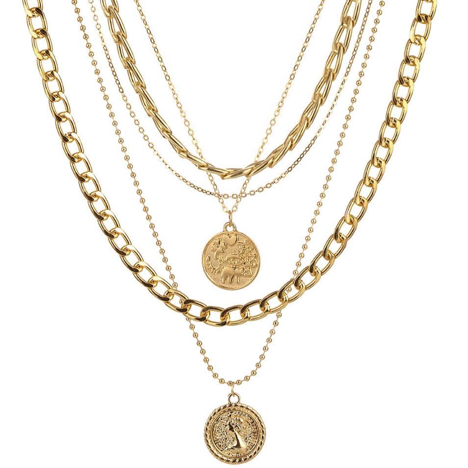 Gold Layered Necklaces for Women Trendy Retro Coin Pendant Choker Necklace