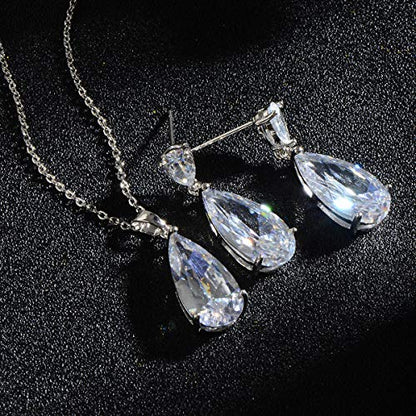 Wedding Jewelry Set for Bridesmaids - Sterling Silver Teardrop CZ Crystal Cubic Zirconia Rhinestone Diamond Bridal Necklace Earrings Set for Bride Mother of Bride Party Prom Birthstone Costume Jewelry - color: Apr-Diamond