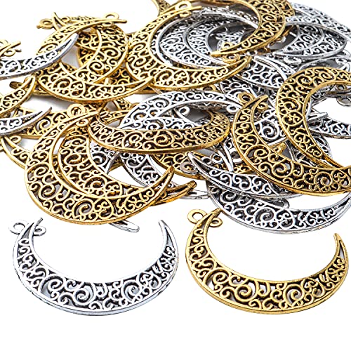 40pcs Hollow Moon Charms Crescent Moon Pendants Celestial Charms Crafts Supplies for DIY Bracelet Necklace Jewelry Making Accessory - color: Silver/Gold