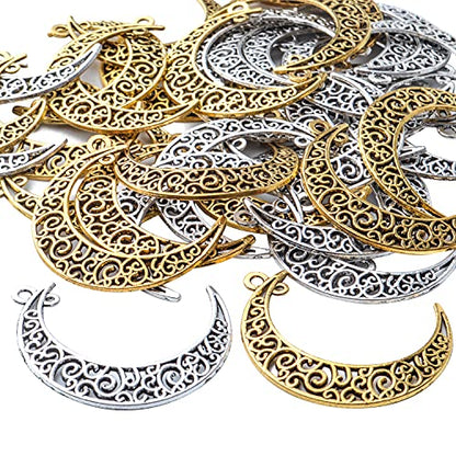 40pcs Hollow Moon Charms Crescent Moon Pendants Celestial Charms Crafts Supplies for DIY Bracelet Necklace Jewelry Making Accessory - color: Silver/Gold