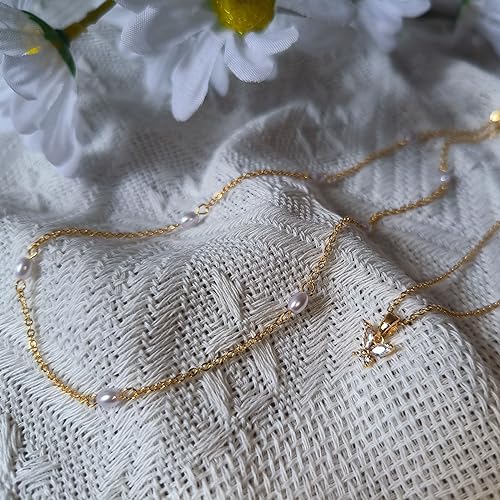 Dainty Choker Necklace for Women 18K Gold Plated Shining Dots Box Chain Sparkle Necklaces Cute Paperclip Link Herringbone Necklace Exquisite Jewelry Gifts for Mom Girlfriend - style: Z/Layered Pearl Butterfly