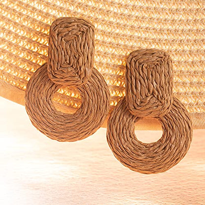 Statement Raffia Earrings Cute Boho Earrings Rattan Dangle Earrings Handmade Straw Wrap Earrings Summer Drop Dangling Earrings for Women Teen Girls - color: Wheat