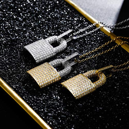 TOPGRILLZ 14K Gold Plated Iced out Lock Pendant Necklace for Women and Men Punk Rock Aesthetic Chains Padlock Necklace - color: Double Colors