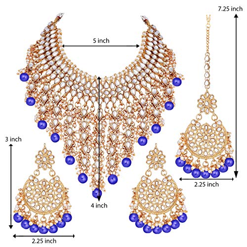 Aheli Elegant Indian Wedding Wear Faux Kundan Studded Choker Necklace with Maang Tikka Set Ethnic Fashion Jewelry for Women Maroon Kundan & Pearl Drop - color: Blue