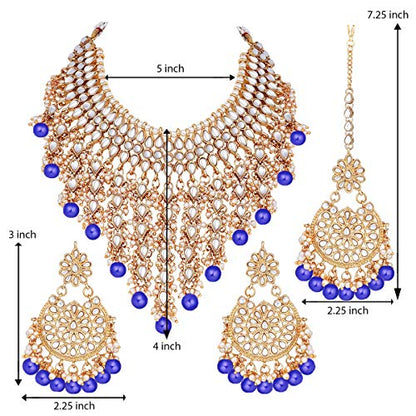 Aheli Elegant Indian Wedding Wear Faux Kundan Studded Choker Necklace with Maang Tikka Set Ethnic Fashion Jewelry for Women Maroon Kundan & Pearl Drop - color: Blue