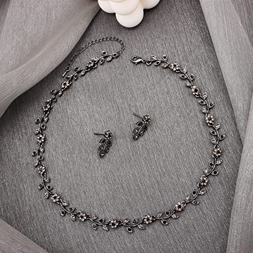 Austrian Crystal Rhinestone Choker Necklace Dangle Earring Link Bracelet Jewelry Set for Brides Bridesmaid Prom Costume Accessories for Women - color: En001-Jet-Black Diamond