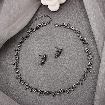 Austrian Crystal Rhinestone Choker Necklace Dangle Earring Link Bracelet Jewelry Set for Brides Bridesmaid Prom Costume Accessories for Women - color: En001-Jet-Black Diamond