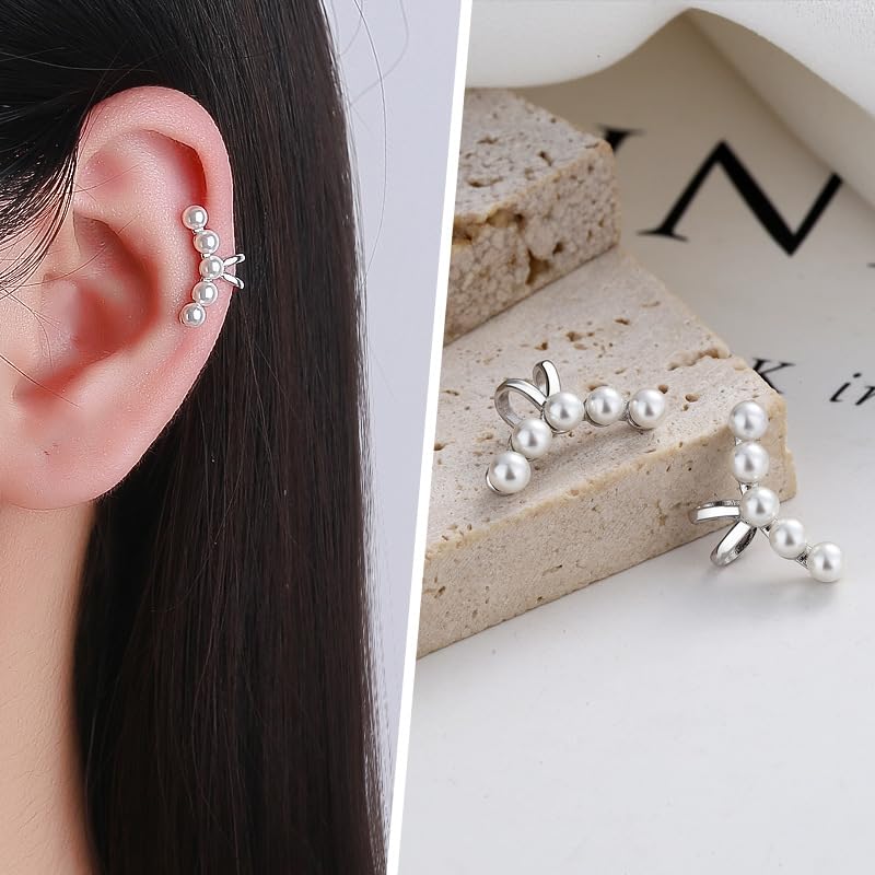 Ear Cuffs Earrings for Women Non Piercing Cartilage Cuff Wrap Clip on Earrings Trendy Pearl Rhinestone Tassel Chain Earrings Jewelry for Women - color: Silver Pearl Cuff