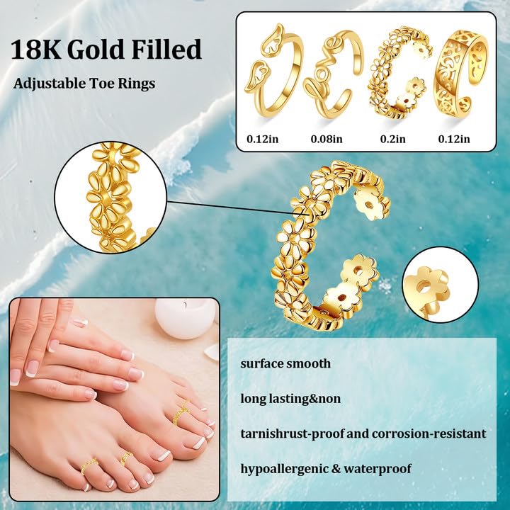 Toe Rings for Women,Gold Plated Stylish Adjustable Toe Band Rings, Summer Beach Foot Jewelry - Perfect for Vacation, Daily Wear - style: 4 Pcs
