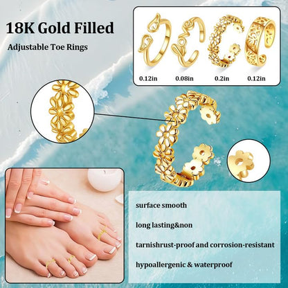 Toe Rings for Women,Gold Plated Stylish Adjustable Toe Band Rings, Summer Beach Foot Jewelry - Perfect for Vacation, Daily Wear - style: 4 Pcs