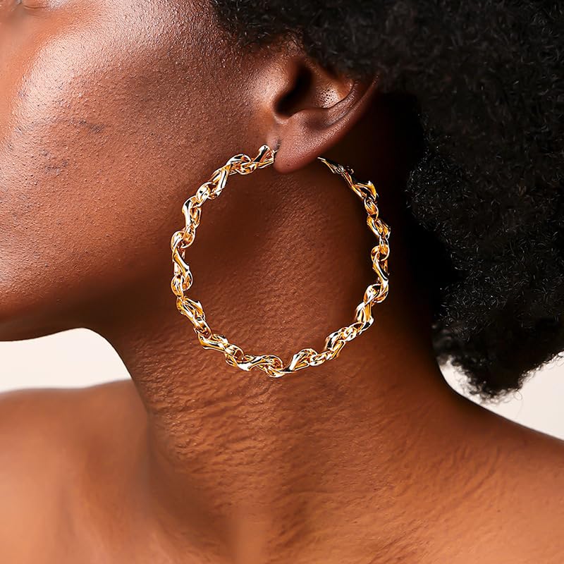 Twisted Rope Hoop Earrings for Women Chunky Big Large Hoop Earrings Minimalist Round Circle Huggie Hoops Earrings Gift - color: gold-tone