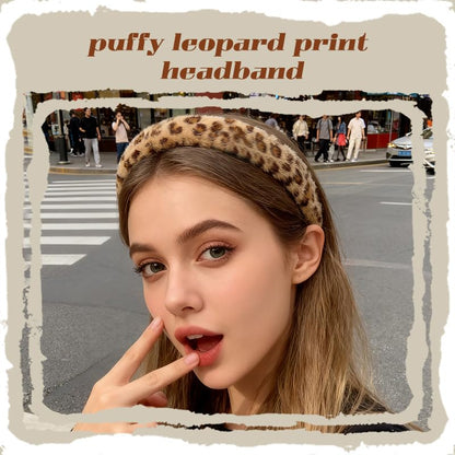 Padded Puffy Leopard Print Headband for Women Soft Sponge Cheetah Leopard Headbands Hair Hoop No Slip Plush Padded Hairbands Thick Animal Print Headband Hair Accessories Headwear - color: Khaki