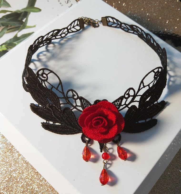 Goth Black Choker Necklace Crystal Bead Pendant Necklace for Women Gothic Velvet Lace Choker Halloween Vampire Witch Cosplay - color: C-Black and Red