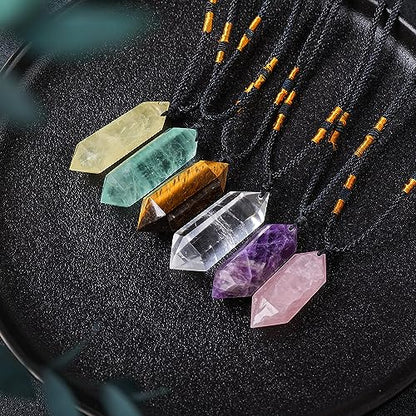 Runyangshi Rose Quartz Healing Crystal Pendants, Double Pointed Natural Crystal Quartz Necklace 6 Faceted Chakra Crystal Wand Stone - color: Rose Quartz