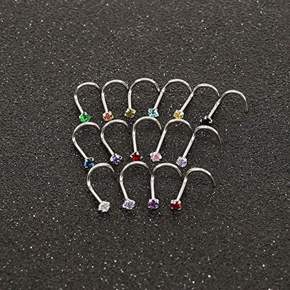 ZS 6-14PCS 20g Tiny Nose Stud Ring Piercing Surgical Steel Nose Bone/L Shaped/Nose Screws Rings Set - color: C:14pcs Nose Screws Style(Mixed Color)