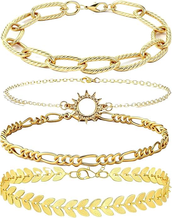 Alegend 14K Gold Plated Stackable Multilayer Bracelets + Titanium Steel(Not Rust, Resist Corruption, Easily Clean) 18K Gold Plated Single Bracelets - color: 14K Gold + 4PCS F