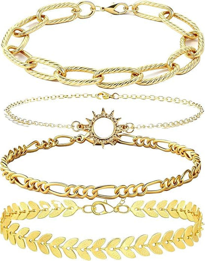 Alegend 14K Gold Plated Stackable Multilayer Bracelets + Titanium Steel(Not Rust, Resist Corruption, Easily Clean) 18K Gold Plated Single Bracelets - color: 14K Gold + 4PCS F