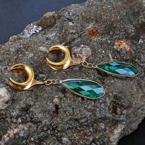 1 Pair Saddle Gauges Earring with Green Crystal Stone Ear Dangle Plugs Tunnels 00G 6mm-25mm (0G-1") Body Piercing Jewelry - color: Gold-1569, size: 25 mm