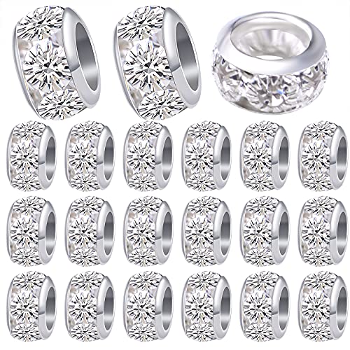 BronaGrand 40pcs 10 mm Silver European Rhinestone Spacer Beads Brass Large Hole Beads Round Rondelle Loose Charm Beads for Snake Chain Bracelet Necklace Jewelry Making Supplies, Hole: 5.5 mm - color: Silver, size: 10MM