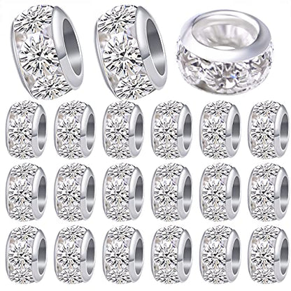 BronaGrand 40pcs 10 mm Silver European Rhinestone Spacer Beads Brass Large Hole Beads Round Rondelle Loose Charm Beads for Snake Chain Bracelet Necklace Jewelry Making Supplies, Hole: 5.5 mm - color: Silver, size: 10MM