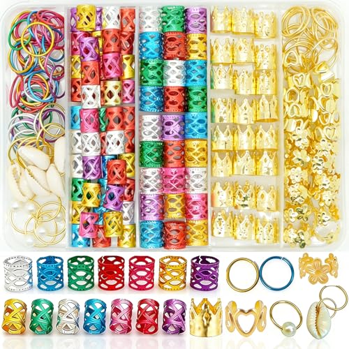 220 Pcs Gold and Colorful Hair Jewelry for Braids & Locs, Seashell Hair Charms for Women, Metal Gold Cuffs Rings for Dreadlocks Accessories Decorations - color: Gold and Multicolor