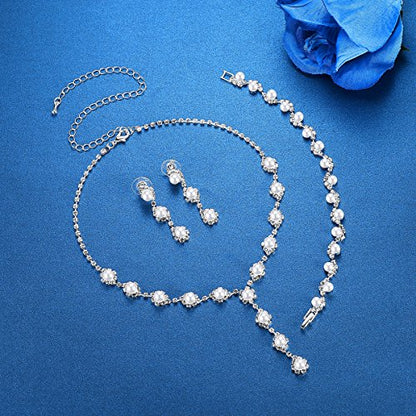 Simulated Pearl Leave Floral Bridal Jewelry Sets, Crystal Wedding Necklace Earrings Bracelet Sets Jewelry Engagement Gift - color: D-Clear