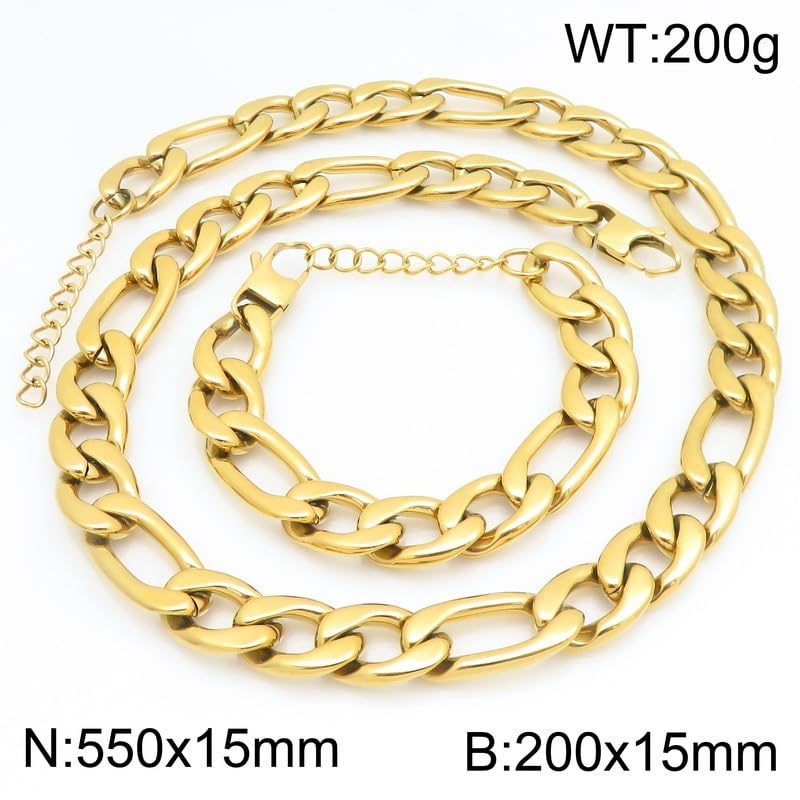 Kemstone Stainless Steel Figaro Cuban Bracelet Necklace Set for Men Women Jewelry - color: Gold 12