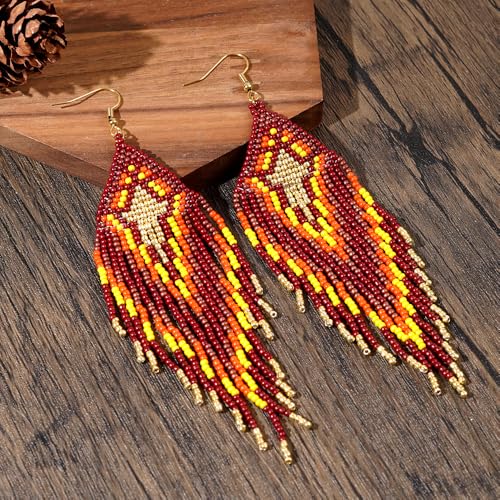 Bohemian Tassel Colorful Beaded Earrings For Women Trendy, Long Fringe Feather Drop Jewelry Handmade Gifts. - color: color3