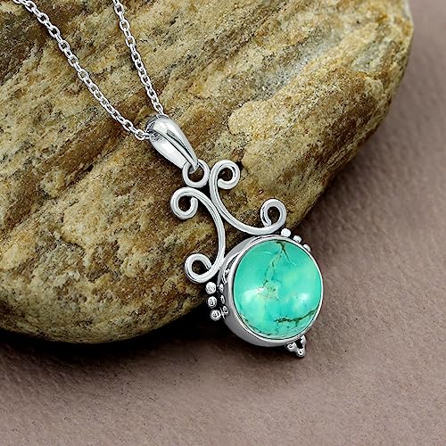 Natural Round Gemstone Pendant Necklace for Women, 925 Sterling Silver | Solitaire Birthstone Jewelry With 18 Inch Chain, Handmade Semi Precious Stone Pendant, Jewelry Gift for Mom, Wife & Sister - color: Turquoise