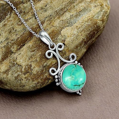 Natural Round Gemstone Pendant Necklace for Women, 925 Sterling Silver | Solitaire Birthstone Jewelry With 18 Inch Chain, Handmade Semi Precious Stone Pendant, Jewelry Gift for Mom, Wife & Sister - color: Turquoise
