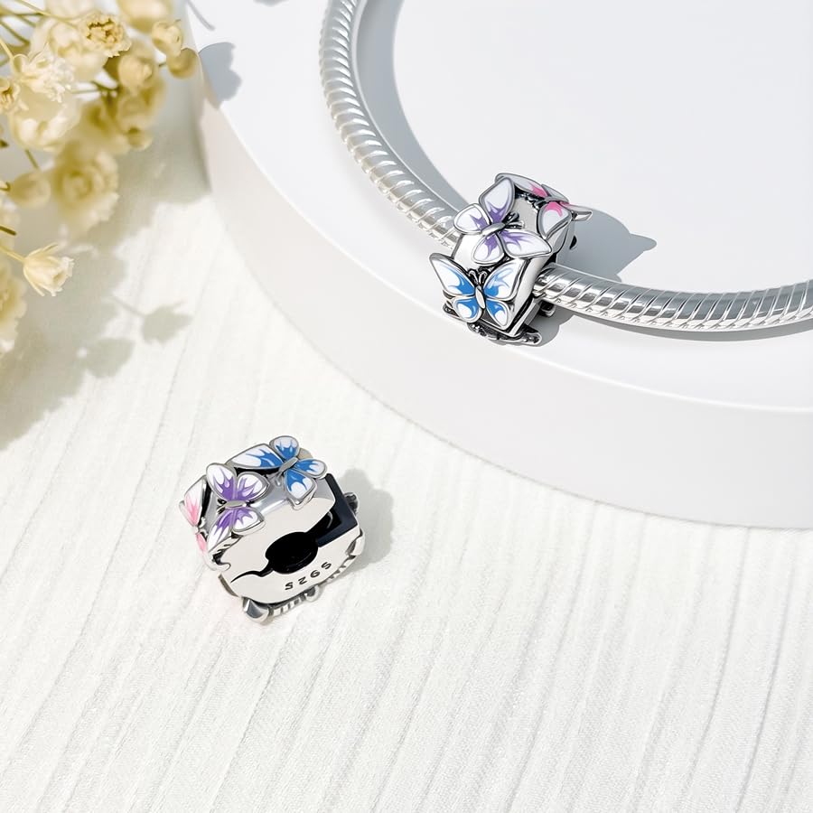 925 Sterling Silver Openable Clip Spacer Bead Fits Pandora Bracelet | Hypoallergenic Clip Stopper Charm, Star Clover Butterfly Floral Mom Heart Paved Zircon Gift for DIY Charm Bracelet Jewelry - color: Gradient Butterfly