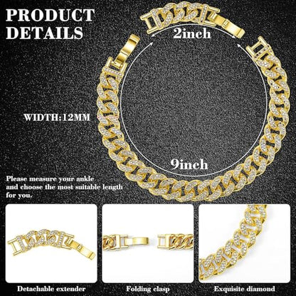 Batiyeer Women's Ankle Bracelets Cuban Link Chain Anklets Adjustable Chunky Anklets with Detachable Extender Rhinestone Bling Jewelry Gifts - color: Gold, size: 12 Mm, 9+2 Inches
