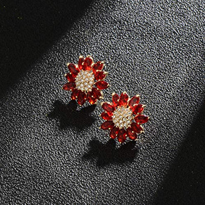 Crystal Flower Burst Stud Earirings - Big Sterling Silver CZ Cubic Zirconia Rhinestone Daisy Sunflower Floral Cluster Studs Bridal Wedding Party Prom Costume Jewelry for Bride Bridesmaids Women Birthstone Birthday Gift - color: Red