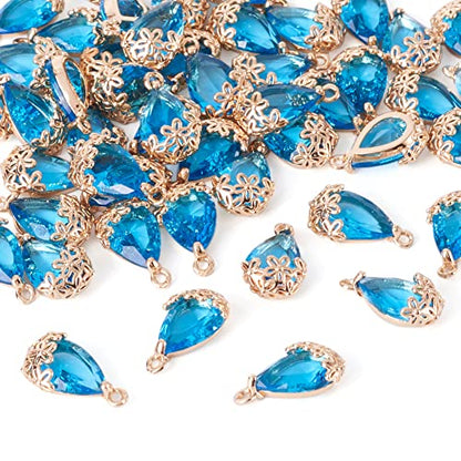 Cheriswelry 50pcs Faceted Teardrop with Flower Transparent Glass Charms Dodger Blue Crystal Dangle Pendants 16x9mm for DIY Craft Earring Bracelet Necklace Jewelry Making Supplies - color: Dodger Blue