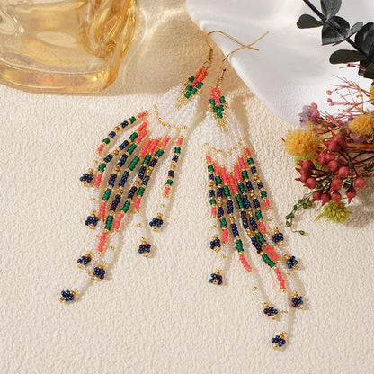 Bohemian Tassel Colorful Beaded Earrings For Women Trendy, Long Fringe Feather Drop Jewelry Handmade Gifts. - color: color1