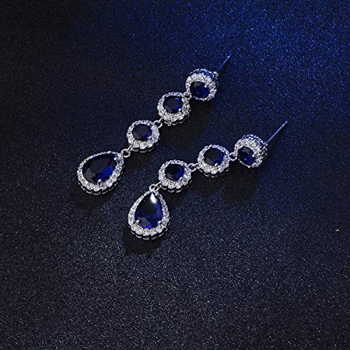 Women's Cubic Zirconia Bridal Earrings - Elegant Long Wedding Party Prom Earring for Bride Bridesmaids Crystal CZ Rhinestone Chandelier Statement Dangle Drop Earrings for girls - color: Blue-silver