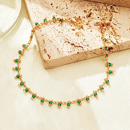 Gold Chain Bracelet for Women, 14K Gold Plated | Dainty Bracelets with Adjustable Chain, Trendy Jewelry Gift for Women - style: green crystal