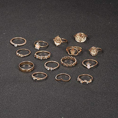 HUJUON 27-34PCS Knuckle Rings Set for Women Stackable Finger Ring Sets Vintage Joint Midi Rings Gold/Silver Star Moon Stacking Rings for Women - style: 27PCS