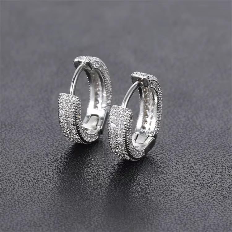 Iced Out Huggie Hoop Earrings for Men and Women, CZ Diamond Earrings, Stainless Steel Hypoallergenic Hinged Hoop Earrings - color: Silver