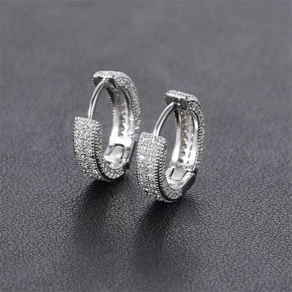 Iced Out Huggie Hoop Earrings for Men and Women, CZ Diamond Earrings, Stainless Steel Hypoallergenic Hinged Hoop Earrings - color: Silver