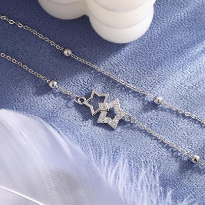 kelistom 925 Sterling Silver Bracelets for Women Teens, Love Heart Charm Chain Bracelet Bangle Fashion Jewelry Gifts - color: Double star-white