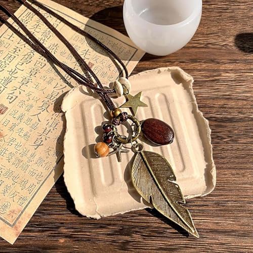 Boho Necklace for Women Long Layered Wooden Leather Leaf Pendant Statement Necklace Vintage Boho Jewelry - style: Leaf