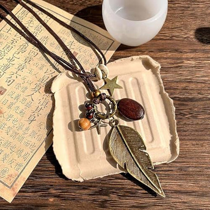 Boho Necklace for Women Long Layered Wooden Leather Leaf Pendant Statement Necklace Vintage Boho Jewelry - style: Leaf