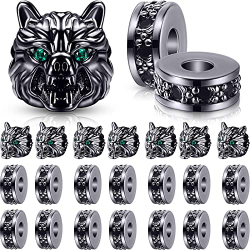 Hicarer 24 Pieces Wolf Head Charms Tibetan Animals Pendant Beads Hole Loose Bead Cubic Zirconia Spacer Connector Charm for Men Bracelet DIY Making Halloween (Black, Wolf Head)