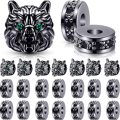 Hicarer 24 Pieces Wolf Head Charms Tibetan Animals Pendant Beads Hole Loose Bead Cubic Zirconia Spacer Connector Charm for Men Bracelet DIY Making Halloween (Black, Wolf Head)