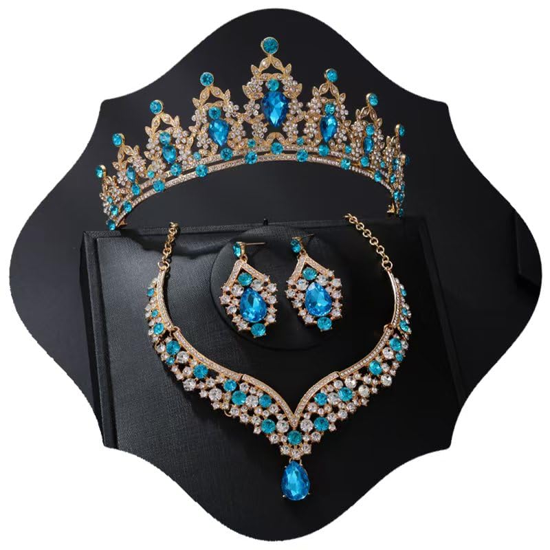 Tiaras and Crowns for Women,Tiaras Earrings Necklace, Crystal Bridal Jewelry Set - color: Lake Blue